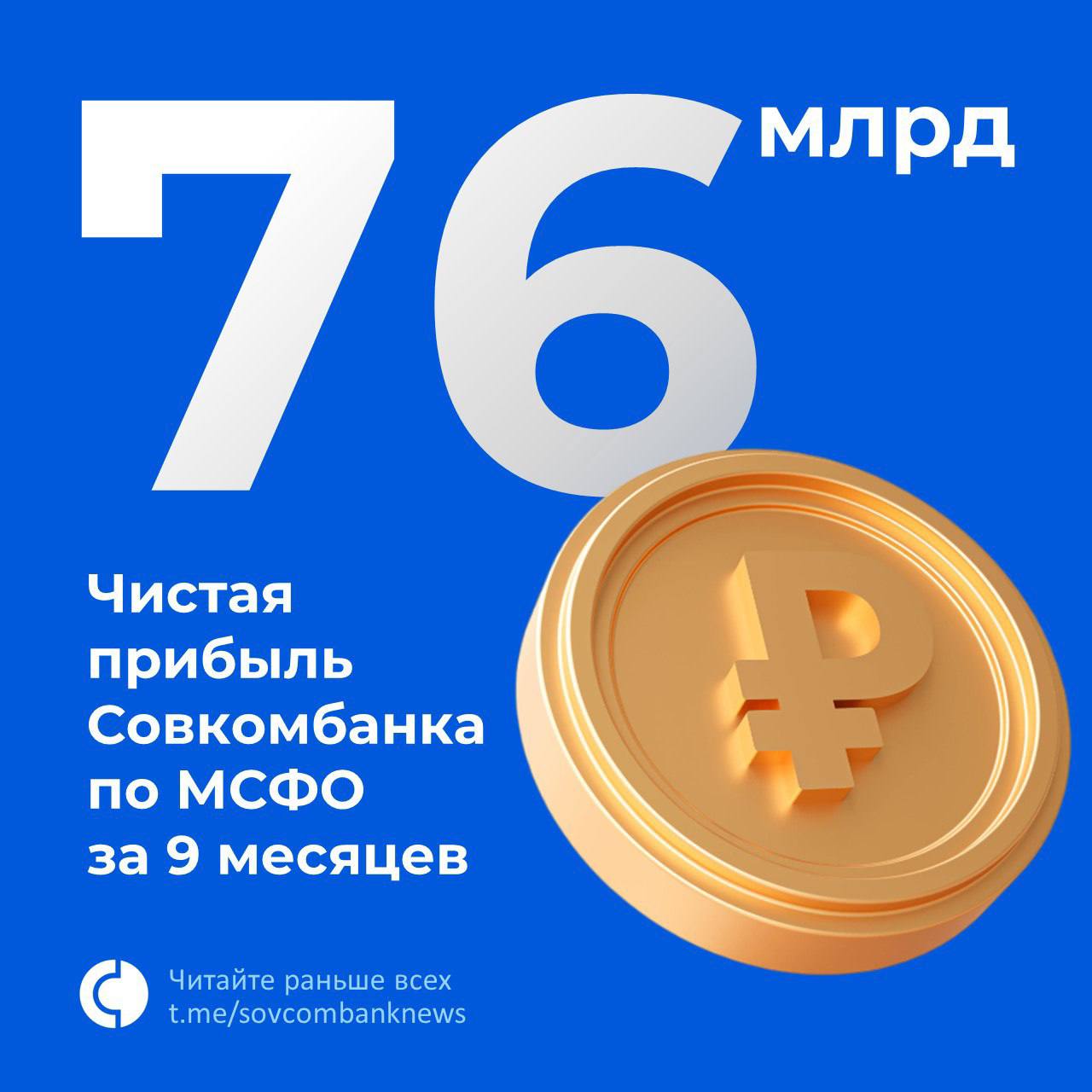 ?Чистая прибыль Совкомбанка по МСФО составила 76 млрд рублей за 9 месяцев 2023 года