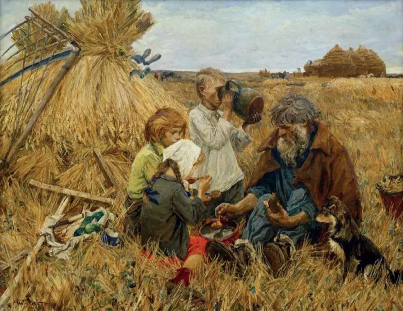 Жизнь крестьянская семья. Картина Аркадия Пластова жатва.
