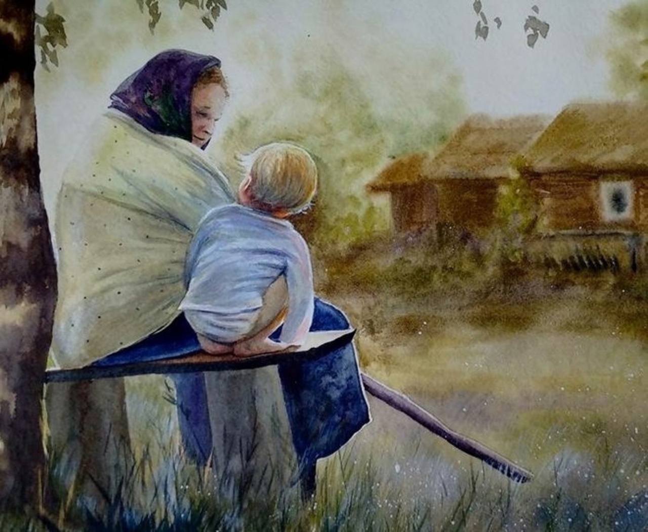 Сын с мамой в деревне. Бабушка живопись. Бабушка и внук живопись. Бабушка и внучка картина. Трогательные иллюстрации.